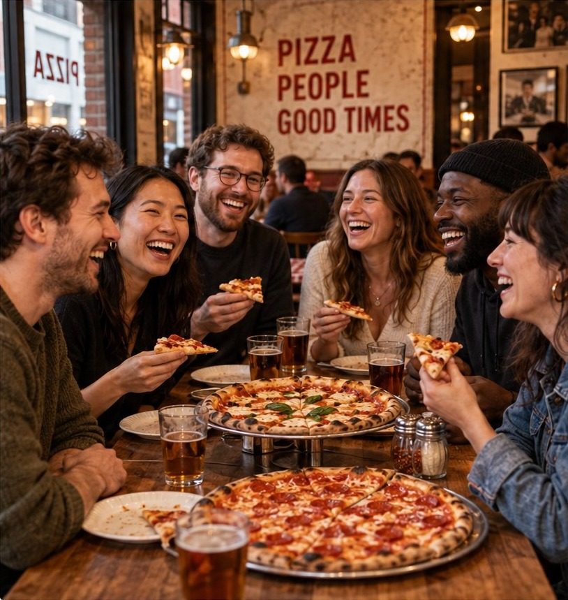 Six people laughing and sharing pizza at a pizzeria table